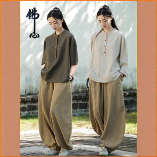 Women's Chinese-Style Cotton and Linen Robe with Traditional Chinese Buttons, Suitable for Zen Practice, Chinese-Style Buddhist Plain Clothing Set