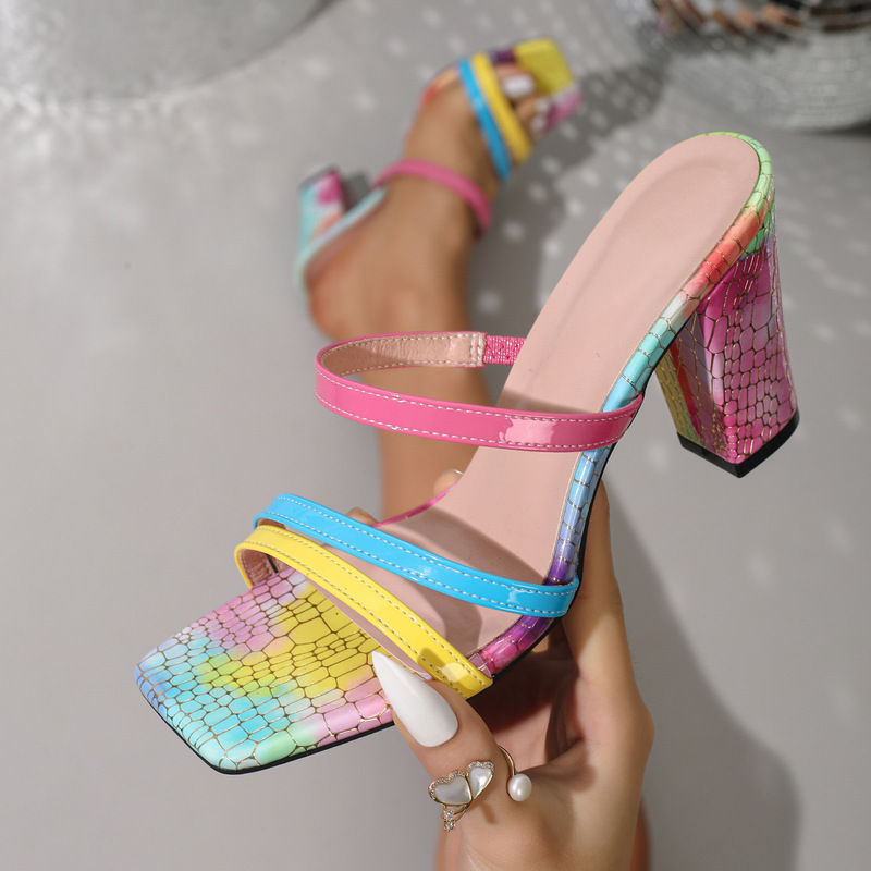 Cross-Border Wholesale of Women's Chunky Heel Sandals, Square Toe Open-Toe Rainbow Snake Print Single Strap High Heel Sandals for Outdoor Wear