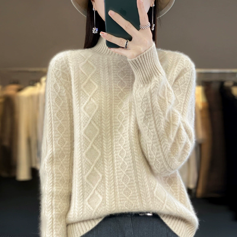 Woolen spring short knitted warm jeans, sweater, high collar