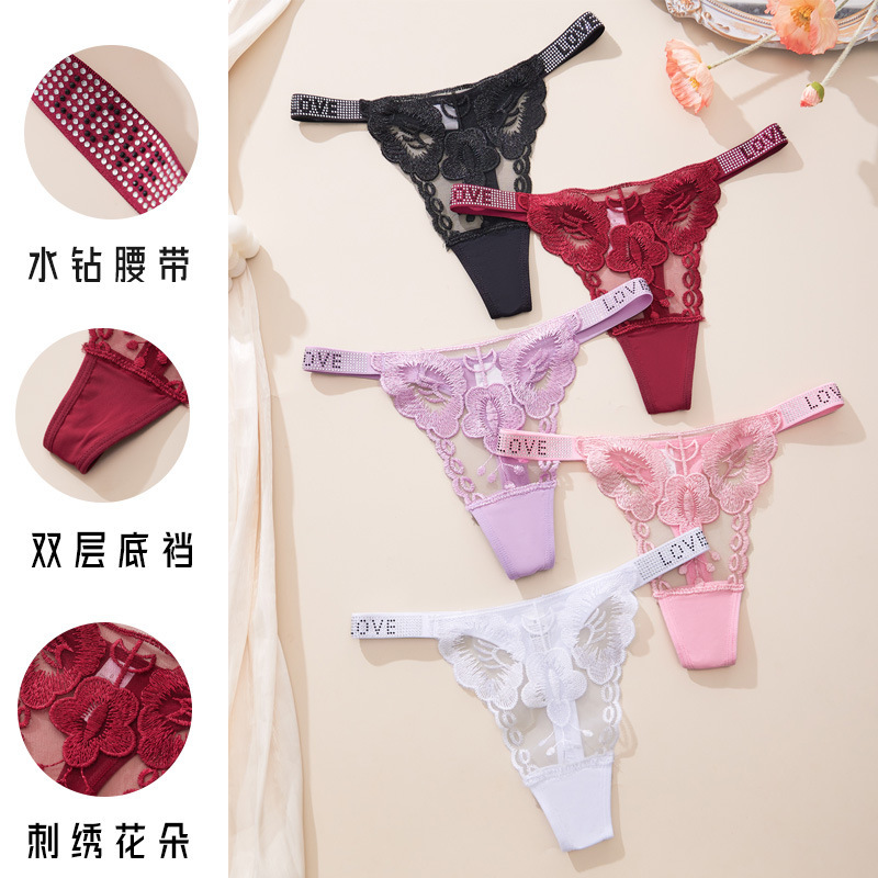 European and American Rhinestone Thin Straps Sexy Women's Thong Lace Embroider Flower Cotton Inseam Fashion Hot Women's T-Pants
