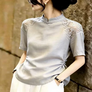 2026夏季新款法式气质蕾丝拼接立领短袖上衣女洋气显瘦T恤浅灰色