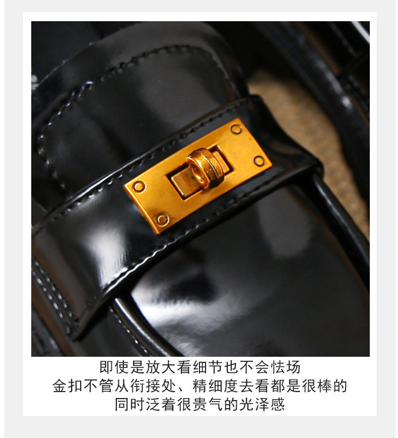 Giày lười nữ da mềm mũi tròn đế dày khóa vàng gót vuông 3–5 cm — Màu đen chi tiết 12
