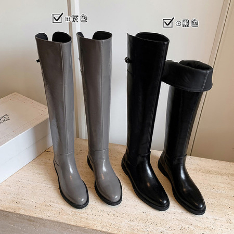 Trendy Elephant Gray Genuine Leather Long Boots for Women, Flat with Fleece, Slimming Black Side Zipper High Knee-High Riding Boots