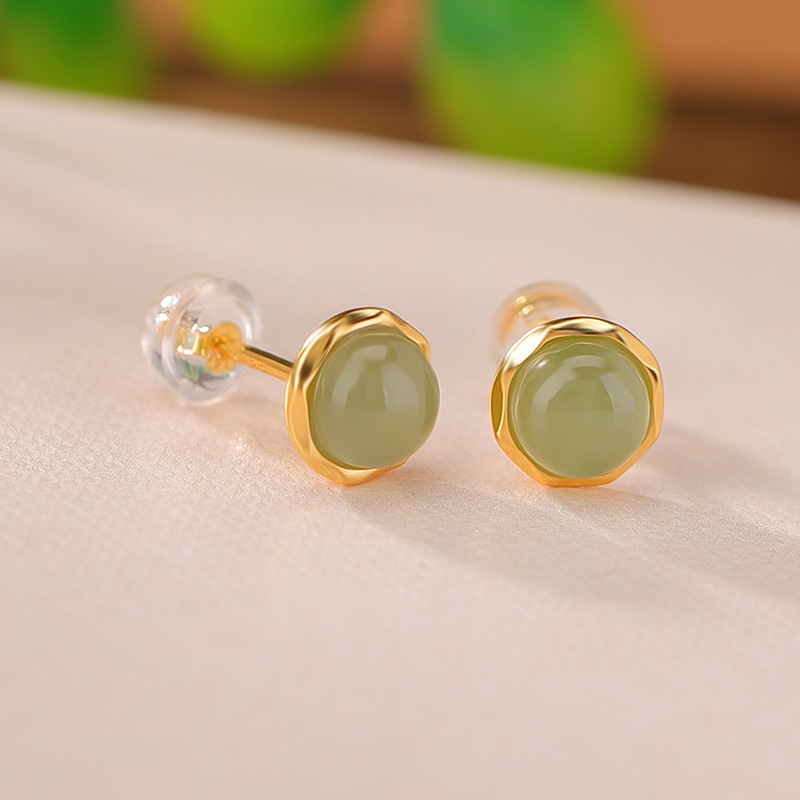 Bông tai hạt tròn hình học mạ vàng bạc S925 đính ngọc bích — Một cặp