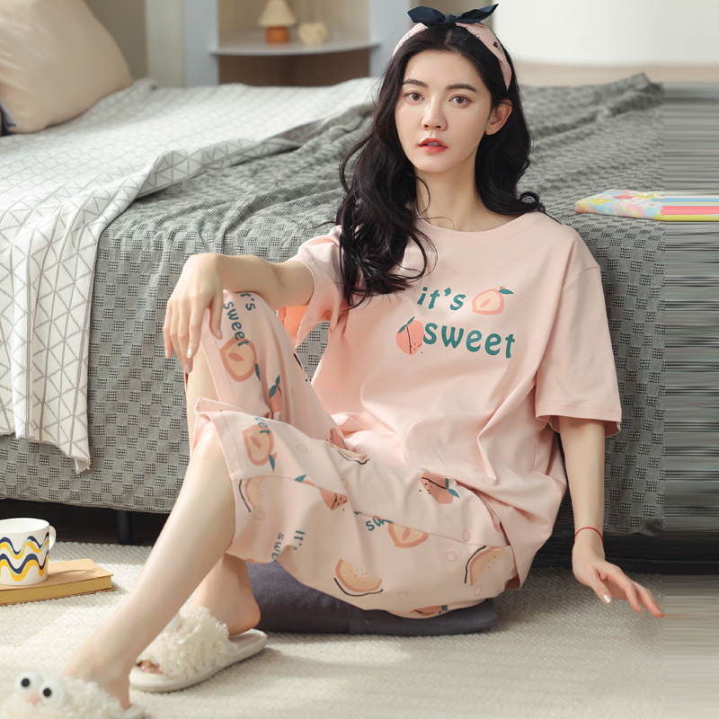 睡衣女夏纯棉夏季新款短袖七分裤韩版休闲可爱外穿家居服套装女士|undefined