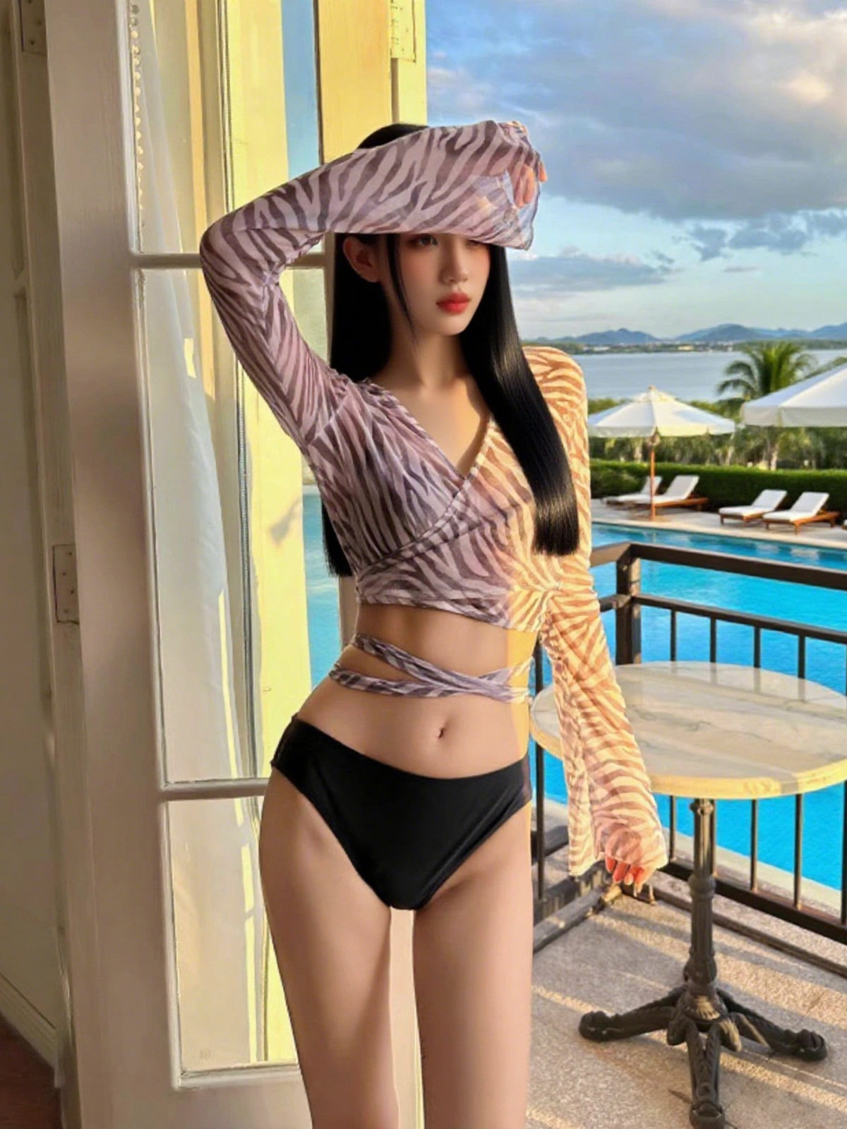 Bikini conservador de tres piezas, blusa de protección solar de manga larga a rayas de cebra, traje de baño dividido, traje de tres piezas para mujer, vacaciones en la isla