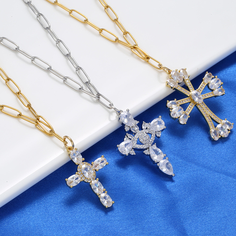 Fashion Cross Copper Inlay Zircon Pendant Necklace 1 Piece