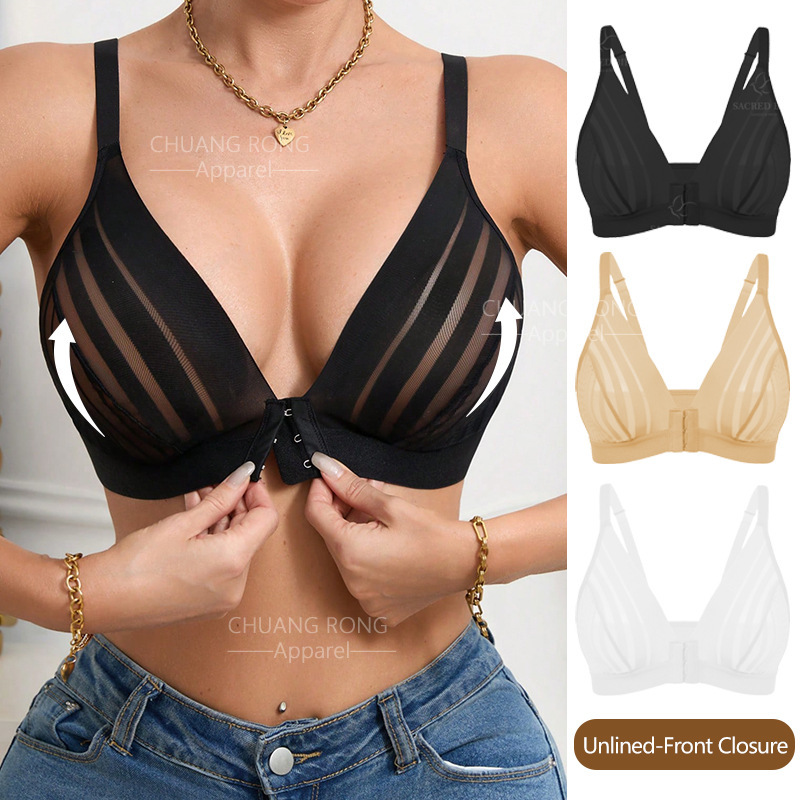 Cross-Border Mesh Front-Clasp Bra, Push-Up, Plus-Size, French-Style, Sexy, Wireless, Invisible, Unlined Women's Bra