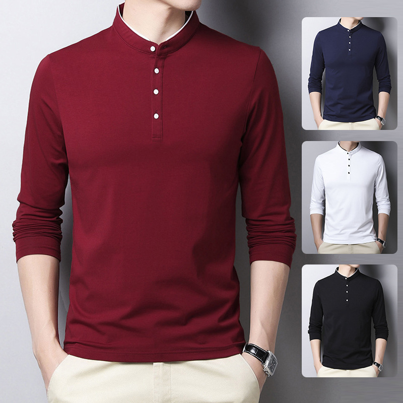 A new cotton T-shirt with stand collar polo shirt for Young Men's tide long sleeve T-shirt men's base shirt A new cotton T-shirt with stand collar polo shirt for Young Men's tide long sleeve T-shirt men's base shirt