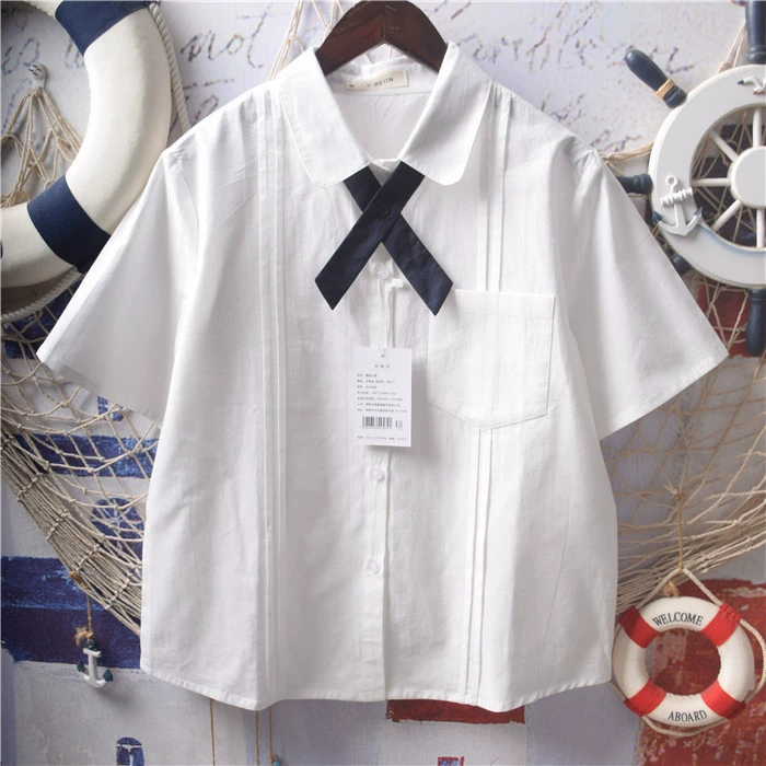 Японская Милая органная морщинистая рубашка с коротким рукавом и воротником-куклой на шнуровке, женская Свободная рубашка, женская оптовая продажа 18041