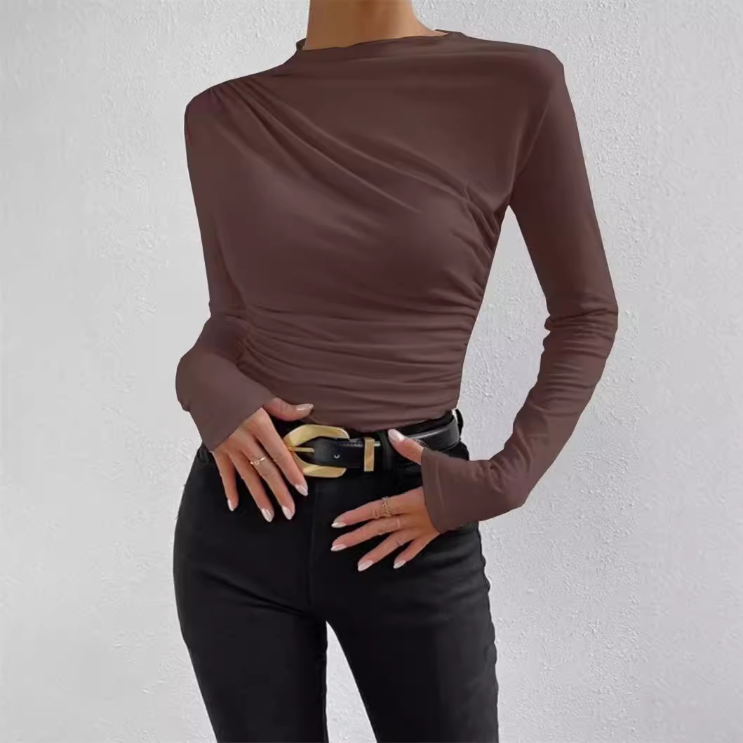 Women's Slim Fit Base Shirt Round Neck Long Sleeve Versatile Pleated Design Solid Color Summer Top_voghion.com
