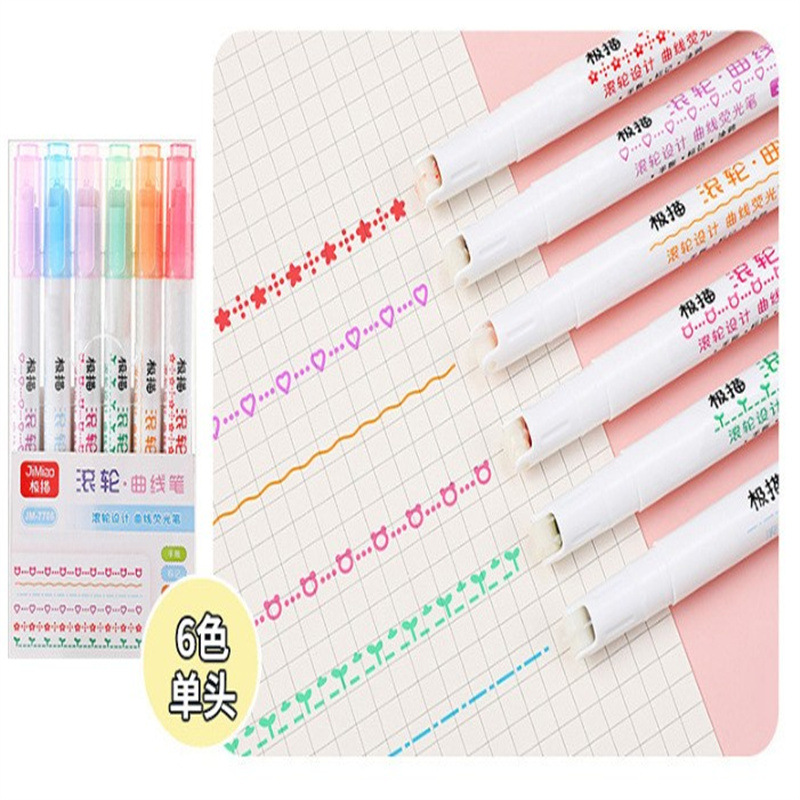 Pluma curva creativa venta al por mayor ola en forma de flor resaltador de doble cabeza marca clave marcador de secado rápido papelería de Estudiante