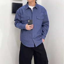 春季新款广州复古潮牌牛仔基础款工装衬衣宽松长袖设计感男士衬衫
