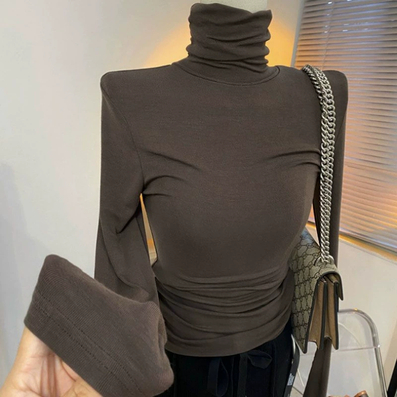 Бесплатная доставка Modal осень-зима новый большой размер тонкий высокий воротник внутри футболка женский дикий длинный рукав сплошной цвет