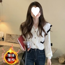 甜美加厚蕾丝短款衬衫女2023新款秋冬洋气显瘦加绒打底衫上衣