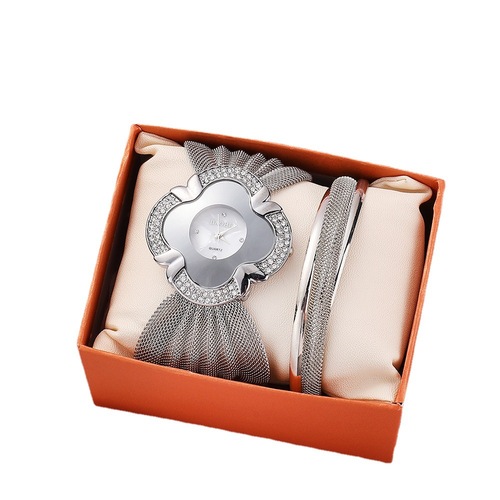 欧美时尚简约手镯腕表2件套 亮钻蝴蝶网带石英手表合金手镯礼盒装
