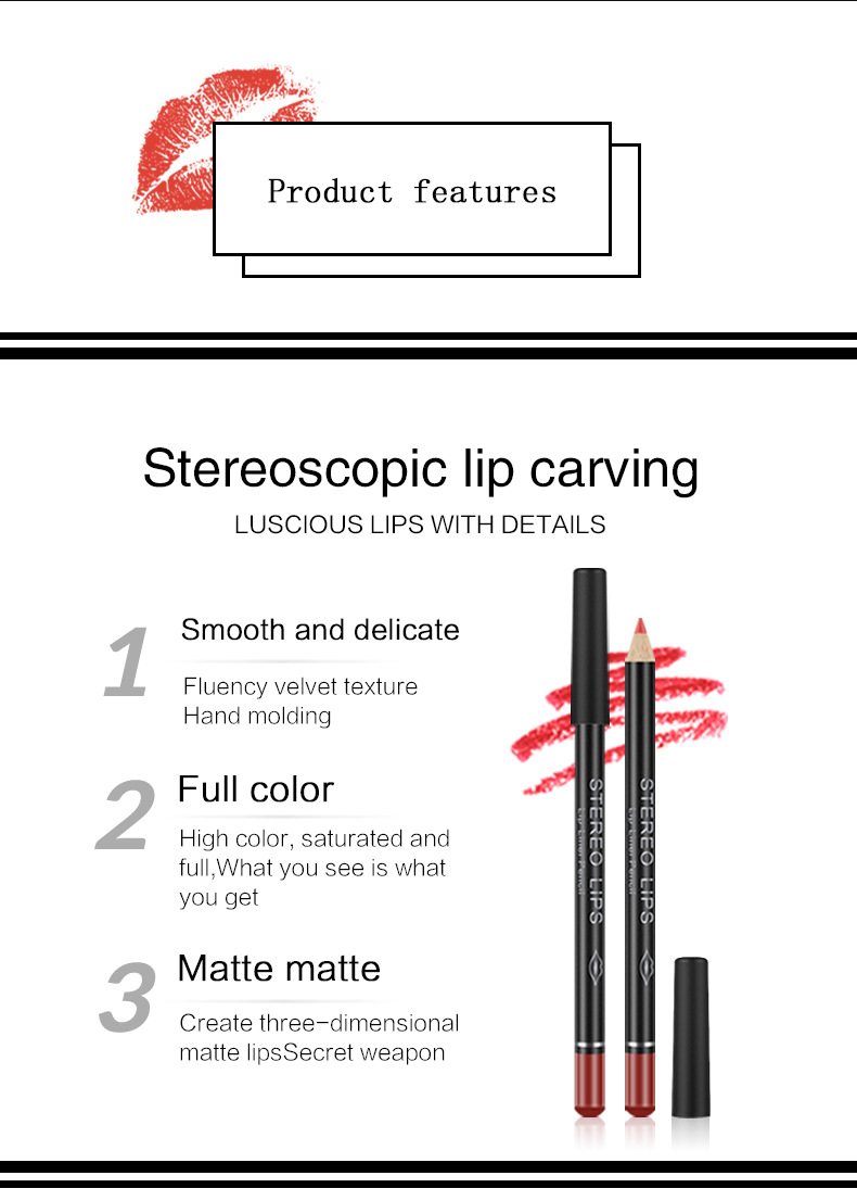 VIBELY European and American export matte non-stick cup lip liner lipstick 12-color line lip liner makeup cross-border wholesale undefined