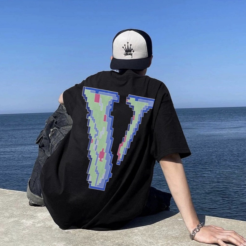vlone gang pixel large V-shaped female loose cotton casual fashion brand men and women same style couple pullover short sleeve t-shirt