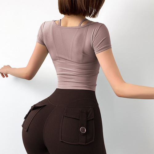 Fake two-piece halterneck sports short-sleeved T-shirt for women, mesh pure lust style fitness clothes with chest pads, yoga clothes