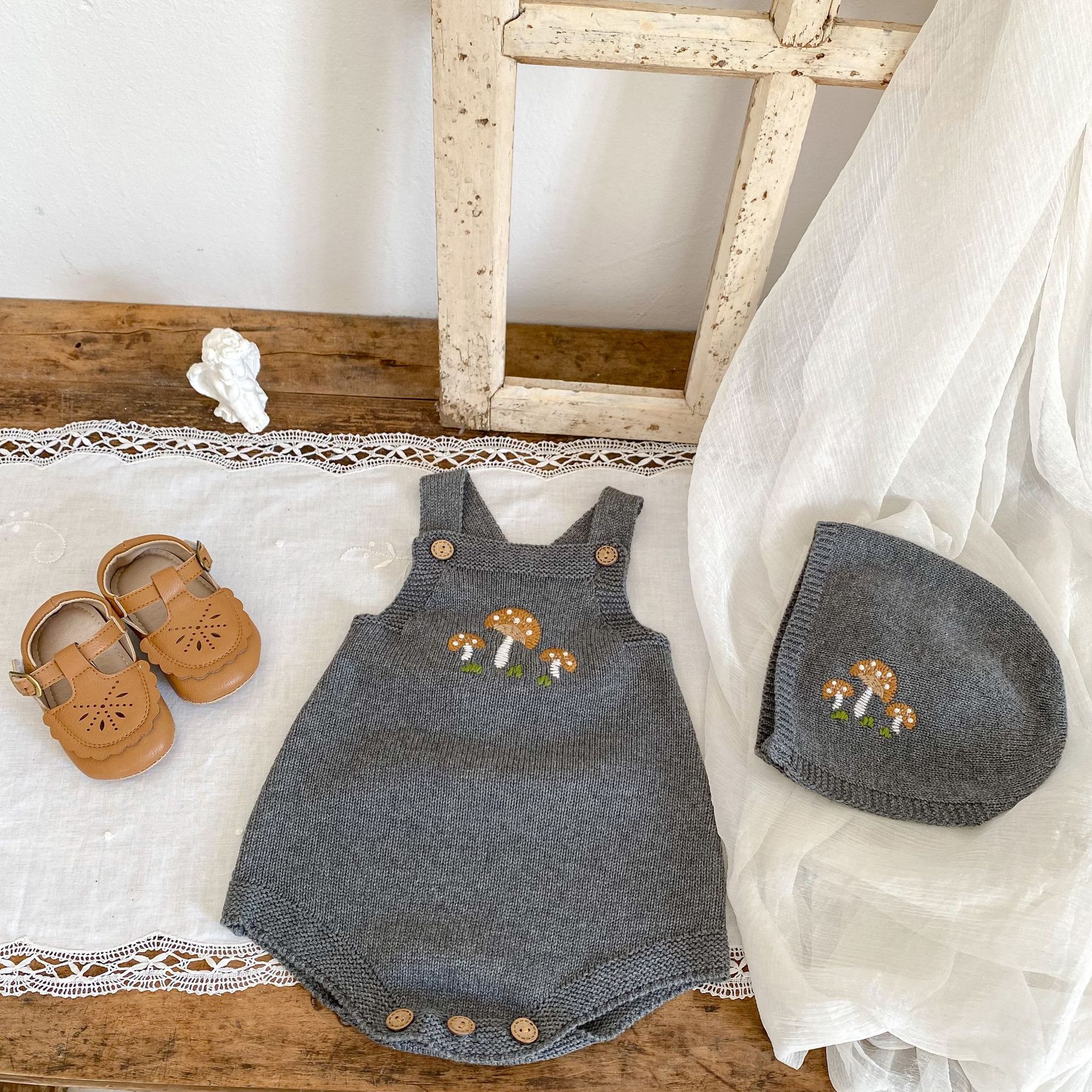 Abbigliamento autunnale 2024 per neonati, bambini piccoli, ragazzi e ragazze, giacca cardigan ricamata con funghi + kaki + ricamata_voghion.com