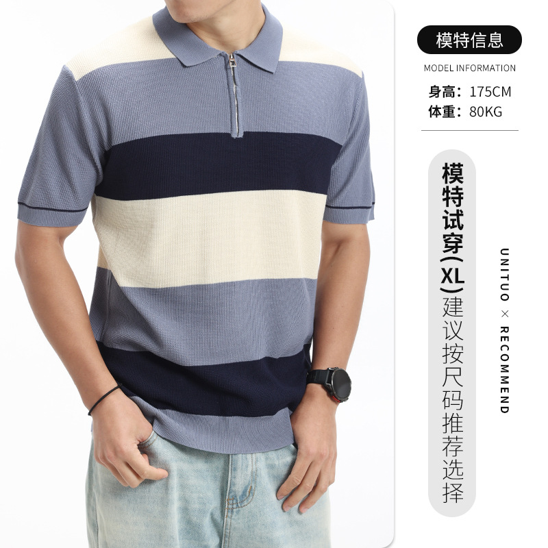 Polo de hielo de punto de hombre lujo ligero de alto nivel medio cremallera collar rayas Waffle Paul blusa