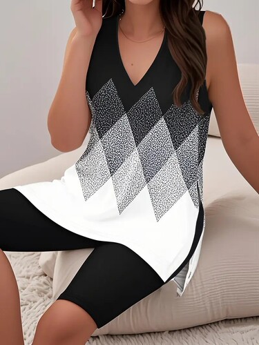 European and American temu women's sleeveless V-neck vest shorts set British style three-dimensional print