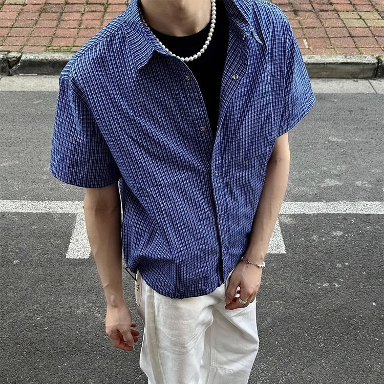 American Blue Plaid Short-Sleeved Shirt Men's Summer High-End Drawstring Plaid Shirt Old Money Style Half-Sleeved Jacket American Blue Plaid Short-Sleeved Shirt Men's Summer High-End Drawstring Plaid Shirt Old Money Style Half-Sleeved Jacket
