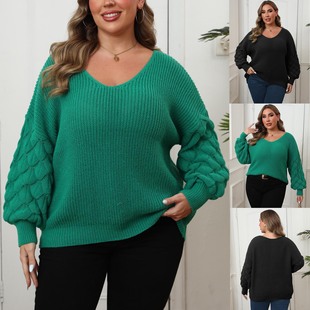 Plus Size Women's Sweater Cross-Border European and American Women's Pineapple Sleeve Splicing Deep V Woven Bottoming Shirt Casual Pullover Top