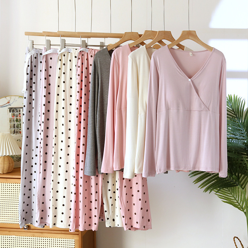 산후 수유 파자마 여성의 가정 의류 가슴 패드 긴 소매가있는 봄과 여름 세트 임산부를위한 대비 컬러 모달 감금 의류