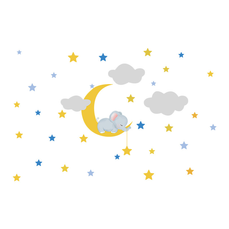 Dibujos Animados Bebé Elefante Luna Nubes Estrellas Pegatinas De Pared Para Habitación De Niños display picture 7