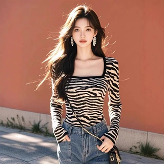 大码德绒印花斑马纹方领长袖T恤女春秋冬修身显瘦内搭上衣打底衫