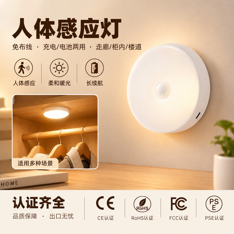 New smart magnetic light-controlled human-sensing lamp: it turns on automatically when someone enters. USB rechargeable night light for bedrooms and wardrobes