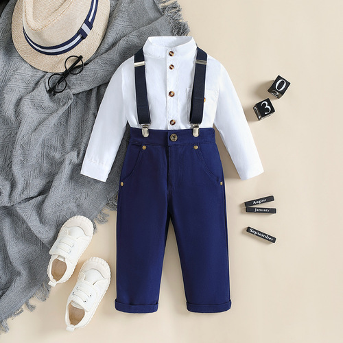 Samgamibaby Children's Spring and Autumn Fashion Gentleman Set, Western and Eastern Trendy Boy's White Shirt and Overalls