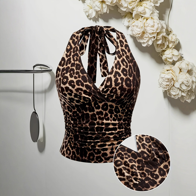 Women's Hiking Outdoor Leisure Vest Retro Leopard Print Backless Fashion Halter Top Sexy Sleeveless Vest for Women