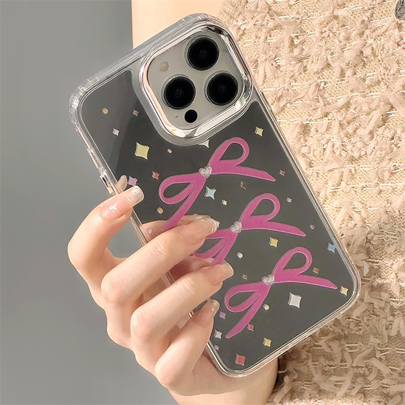 Estuche para teléfono móvil Zhitai Apple 16pro para iPhone 15 bowknot 12 tres en uno espejo cadena de teléfono móvil 14Pro