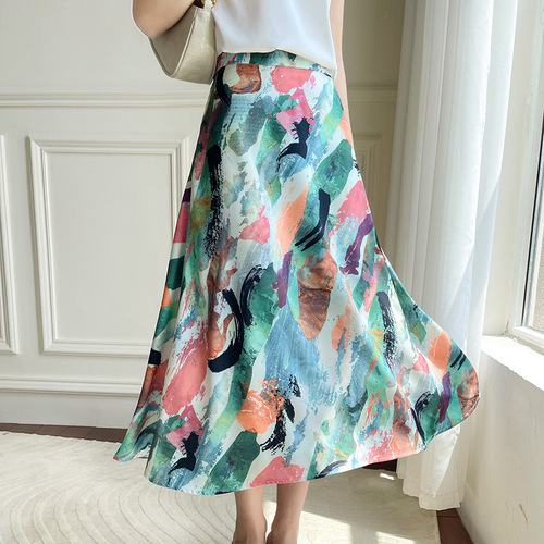 Spring and Summer 2025 New Oil Painting Style A-line Skirt for Women, Elegant Drape Knee-length Medium-length Skirt, Retro High-waisted Semi-skirt