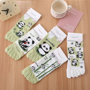 Summer ladies socks boat socks five-finger socks green panda green bamboo cartoon socks toe socks cotton socks a generation of hair