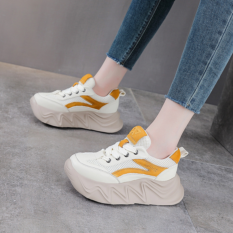 Giày sneaker chunky đế dày da bò cho nữ phối màu cổ điển — Màu đen
