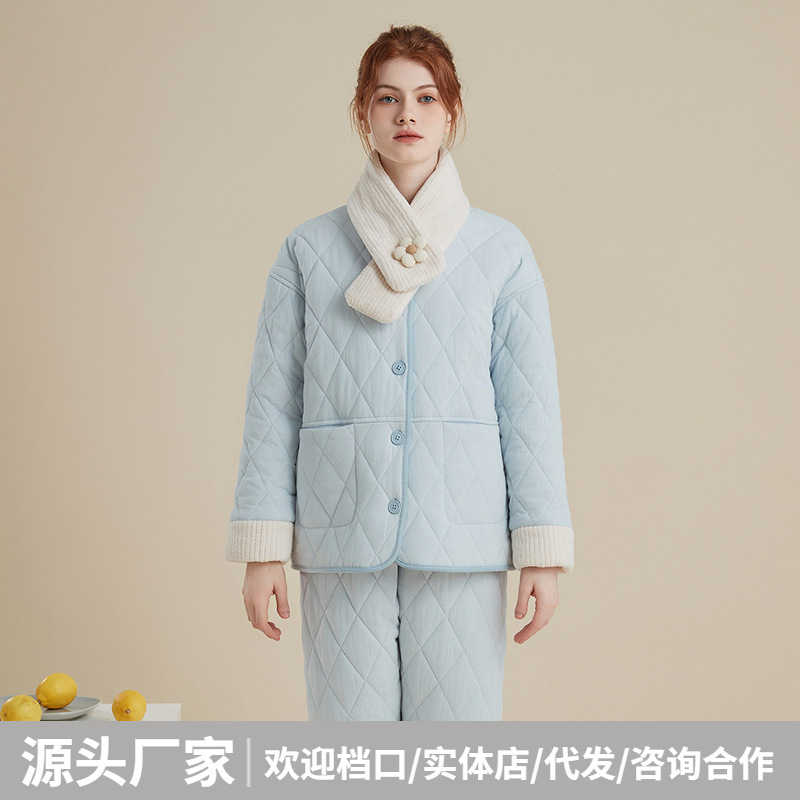 冬天三层夹棉睡衣女特厚保暖纯棉加绒加厚款可外穿御寒居家服套装