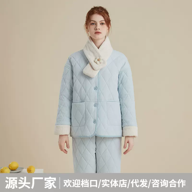 冬天三层夹棉睡衣女特厚保暖纯棉加绒加厚款可外穿御寒居家服套装