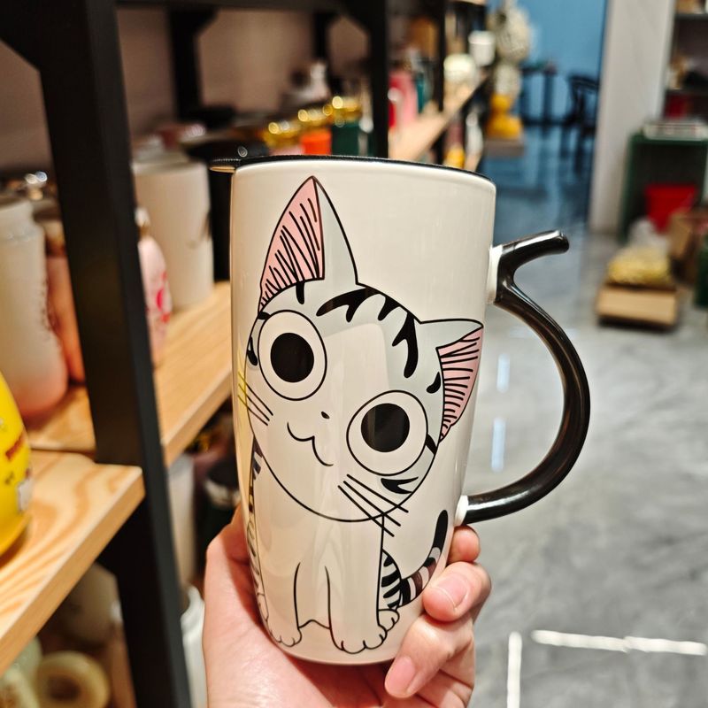 卡通大容量猫猫陶瓷杯带吸管家用水杯马克杯情侣对杯牛奶咖啡杯|undefined