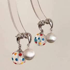 彩色波点拉丝银球前后两塞冰透琉璃珠耳钉甜美银针多巴胺耳饰