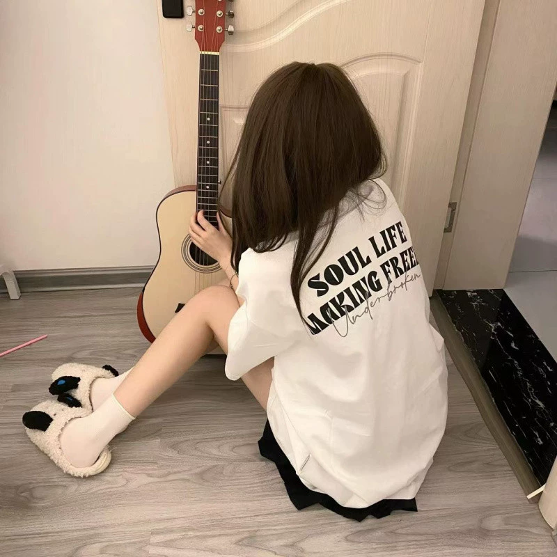 YS82025 200г чесаный плотный хлопок с полосками на спине, свободный крой, весенне-летний, с принтом на правом плече, короткий рукав