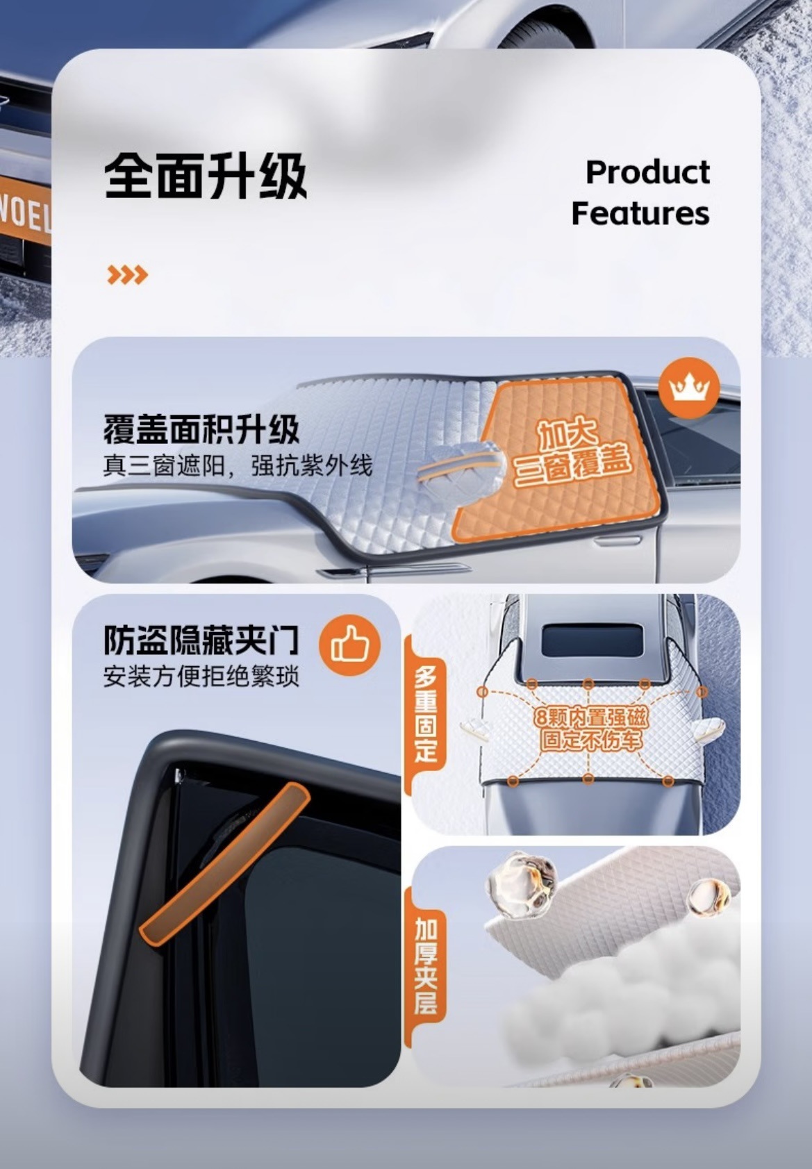 Car sunshade, snow shield, new three-window half-coverage car cover, thickened sun protection and heat insulation cover, rain and snow protection for the front windshield