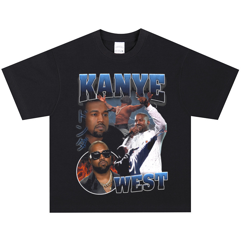 Kanye West Hip-Hop Rapper American Retro T-Shirt Heavy Street Distressed Short-Sleeved Vintage Long-Sleeved