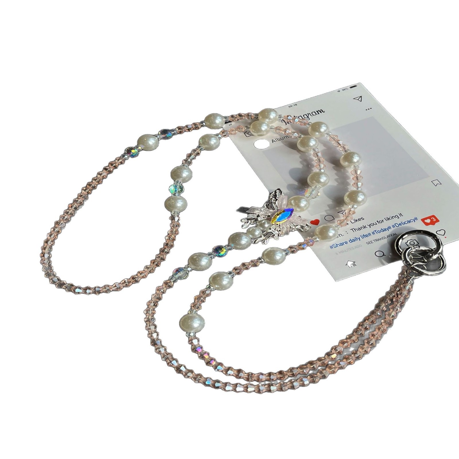 Cadena de teléfono móvil de mensajero cuerda de cadena larga de verano nuevo colgante de cuentas de perlas de cristal hecho a mano amor diamantes de imitación circón