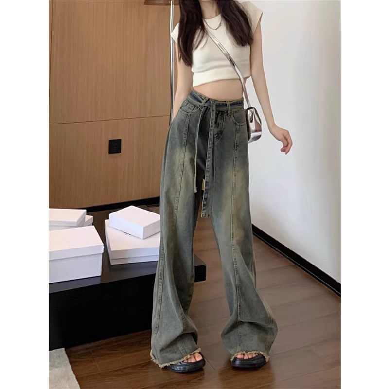 美式复古牛仔裤女装夏季做旧小个子高腰毛边宽松拖地长裤阔腿裤子|undefined