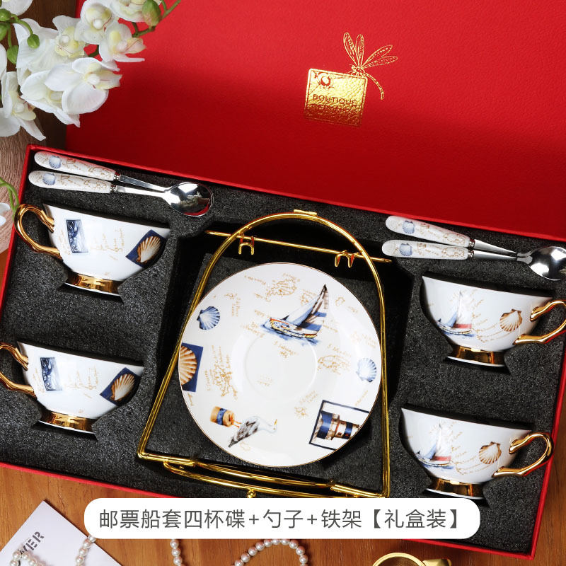 Tazas de café europeas y platos, set de té de la tarde, cerámica exquisita de alta calidad con cucharas de flores, set de tazas de té, caja de regalo