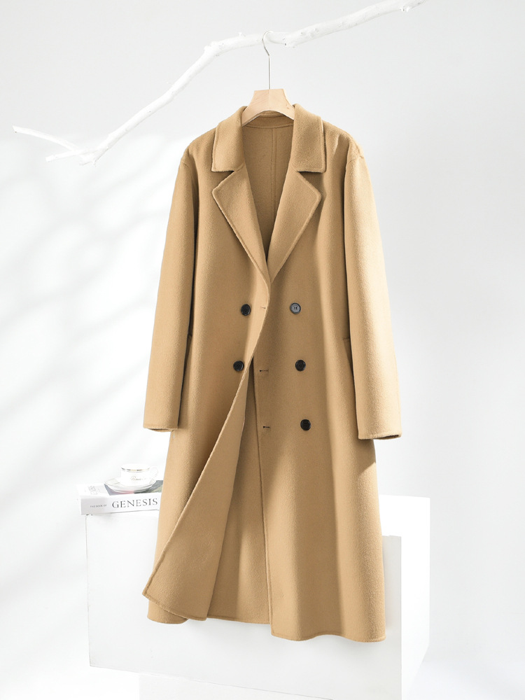 秋冬の長いタイプの膝の両面のカシミヤのコートの男性の双列は韓国版のスーツのゆったりしているウールのフードのコートを掛けます。