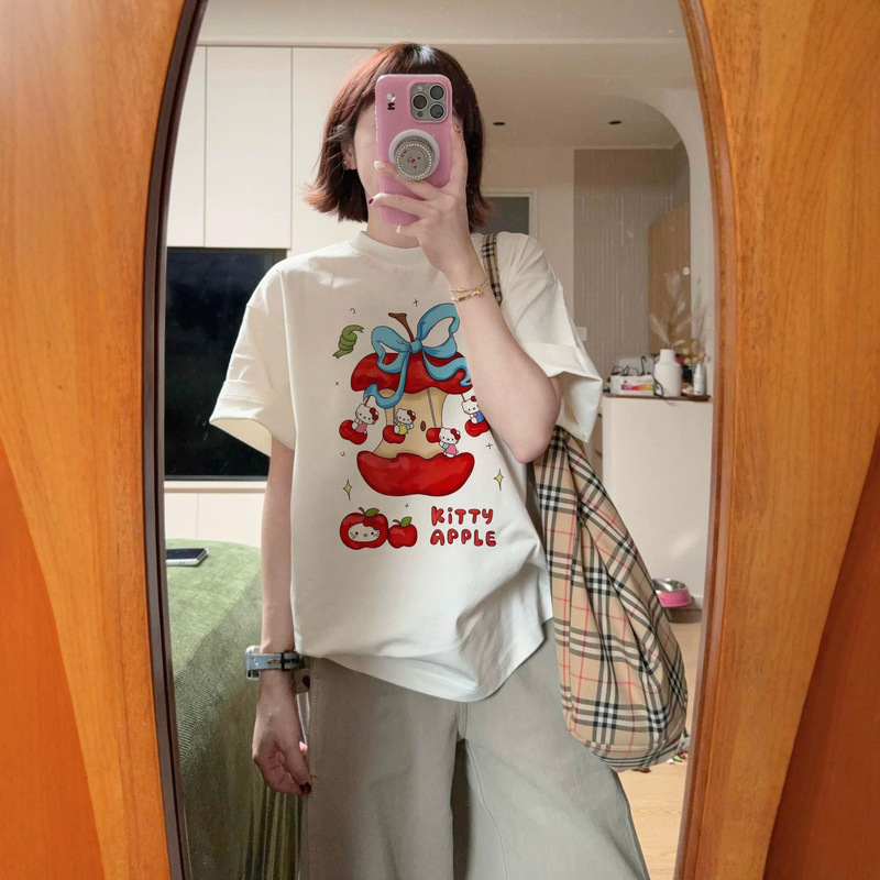 White Pure Cotton Cat Cartoon Drop-Shoulder Short-Sleeve T-Shirt for Women, Summer Student Loose Lazy Style Design Half-Sleeve Top